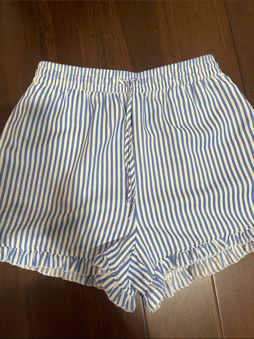 Pink Lily Blue & White Striped High Waist Ruffle Shorts